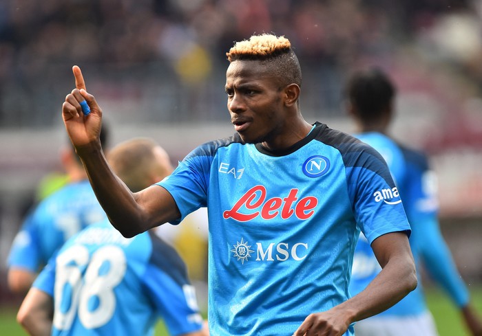 Soccer Football - Serie A - Torino v Napoli - Stadio Olimpico Grande Torino, Turin, Italy - March 19, 2023 Napolis Victor Osimhen celebrates scoring their third goal REUTERS/Massimo Pinca