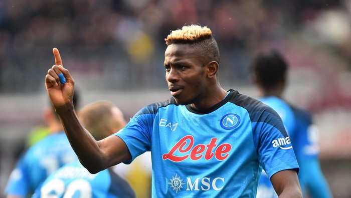 Soccer Football - Serie A - Torino v Napoli - Stadio Olimpico Grande Torino, Turin, Italy - March 19, 2023 Napolis Victor Osimhen celebrates scoring their third goal REUTERS/Massimo Pinca