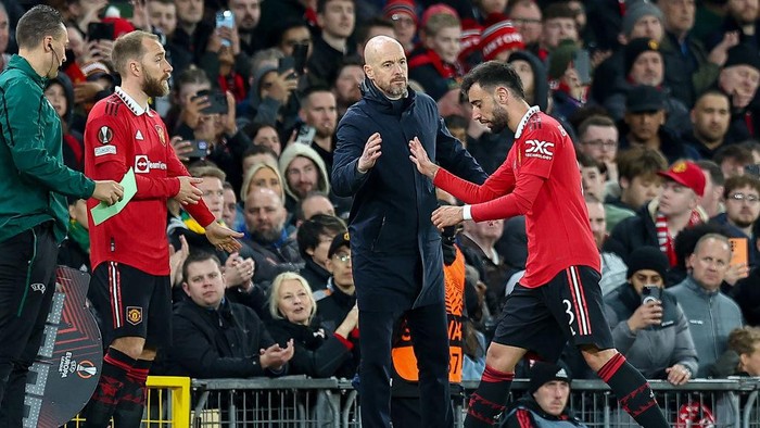 MANCHESTER, ENGLAND - APRIL 13: Coach Erik Ten Hag of Manchester United has replaced Bruno Fernandes of Manchester United with Christian Eriksen of Manchester United. during the UEFA Europa League quarterfinal first leg match between Manchester United and Sevilla FC at Old Trafford on April 13, 2023 in Manchester, United Kingdom. (Photo by Michael Zemanek/DeFodi Images via Getty Images)