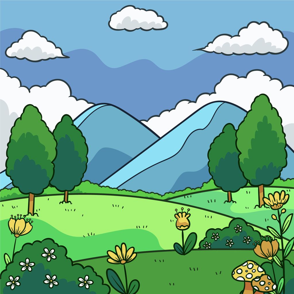 Contoh gambar pemandangan dengan crayon.