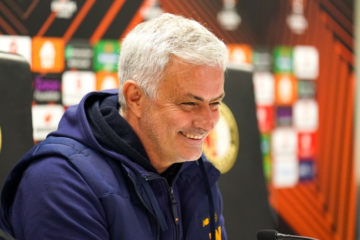 STADION FEIJENOORD, NETHERLANDS - APRIL 13: Coach Jose Mourinho of AS Roma during the press conference following the Quarterfinal First Leg - UEFA Europa League match between Feyenoord and AS Roma at the Rotterdam on April 13, 2023 in Stadion Feijenoord, Netherlands (Photo by Joris Verwijst/BSR Agency/Getty Images)