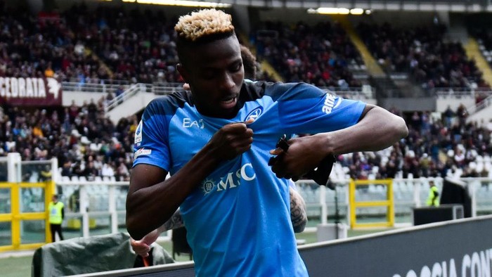 TURIN, ITALY - MARCH 19: Victor Osimhen of SSC Napoli celebrates a goal during the Serie A match between Torino FC and SSC Napoli at Stadio Olimpico di Torino on March 19, 2023 in Turin, Italy. (Photo by Stefano Guidi/Getty Images)