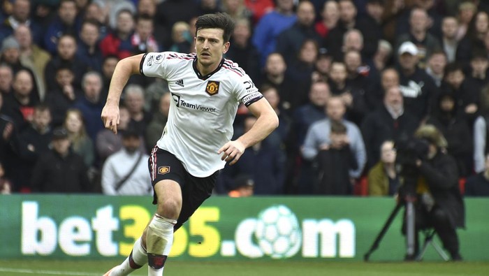 Manchester Uniteds Harry Maguire in action during the English Premier League soccer match between Nottingham Forest and Manchester United at City ground in Nottingham, England, Sunday, April 16, 2023. (AP Photo/Rui Vieira)