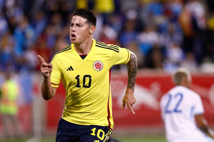 Colombias James Rodriguez celebrates his goal during the international friendly football match between Colombia and Guatemala at Red Bull Arena in Harrison, New Jersey, on September 24, 2022. (Photo by Andres Kudacki / AFP) (Photo by ANDRES KUDACKI/AFP via Getty Images)