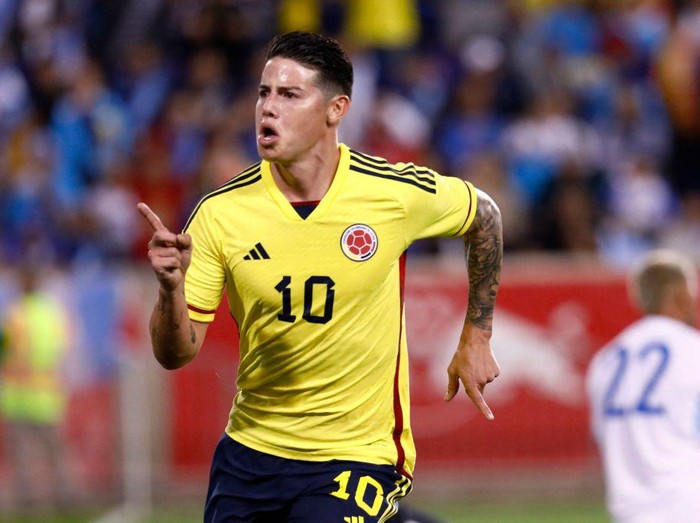 Colombias James Rodriguez celebrates his goal during the international friendly football match between Colombia and Guatemala at Red Bull Arena in Harrison, New Jersey, on September 24, 2022. (Photo by Andres Kudacki / AFP) (Photo by ANDRES KUDACKI/AFP via Getty Images)