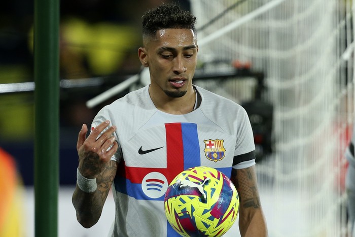 Raphinha Barcelona's Raphinha reacts during a Spanish La Liga soccer match between Villarreal and Barcelona, at the Ceramica stadium in Villarreal, Spain, Sunday, Feb. 12, 2023. (AP Photo/Alberto Saiz)