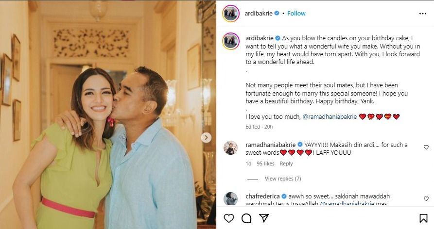 Unggahan Ardi Bakrie di ulang tahun Nia Ramadhani