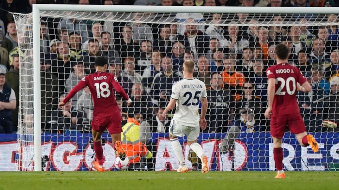 Liverpools Cody Gakpo scores their sides first goal of the game during the Premier League match at Elland Road, Leeds. Picture date: Monday April 17, 2023. (Photo by Tim Goode/PA Images via Getty Images)