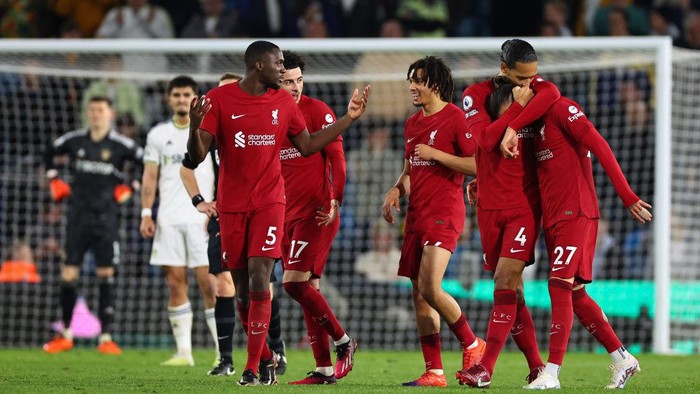 LEEDS, ENGLAND - APRIL 17: Darwin Nunez of Liverpool celebrates after scoring a goal to make it 1-6 during the Premier League match between Leeds United and Liverpool FC at Elland Road on April 17, 2023 in Leeds, United Kingdom. (Photo by Robbie Jay Barratt - AMA/Getty Images)