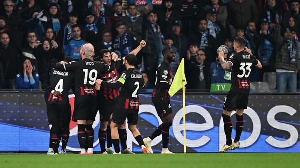 NAPLES, ITALY - APRIL 18: Olivier Giroud of AC Milan ( Obscured ) celebrates after scoring the teams first goal with teammates during the UEFA Champions League Quarterfinal Second Leg match between SSC Napoli and AC Milan at Stadio Diego Armando Maradona on April 18, 2023 in Naples, Italy. (Photo by Francesco Pecoraro/Getty Images)