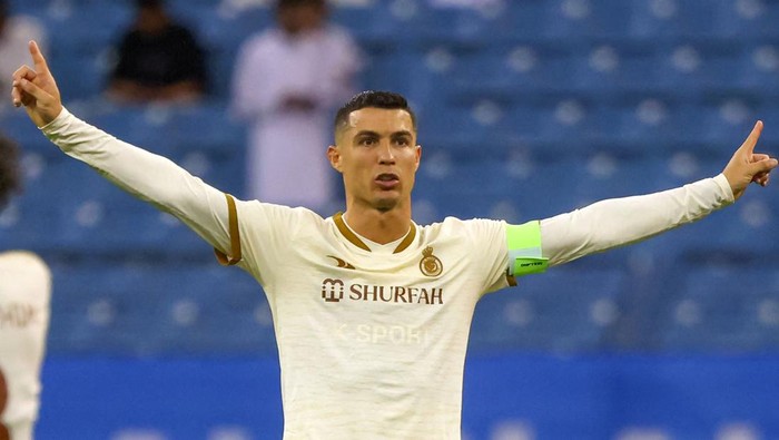 Nassrs Portuguese forward Cristiano Ronaldo gestures during the Saudi Pro League football match between Al-Hilal and Al-Nassr at the Prince Faisal Bin Fahd stadium in the capital Riyadh on April 18, 2023. (Photo by Fayez NURELDINE / AFP) (Photo by FAYEZ NURELDINE/AFP via Getty Images)
