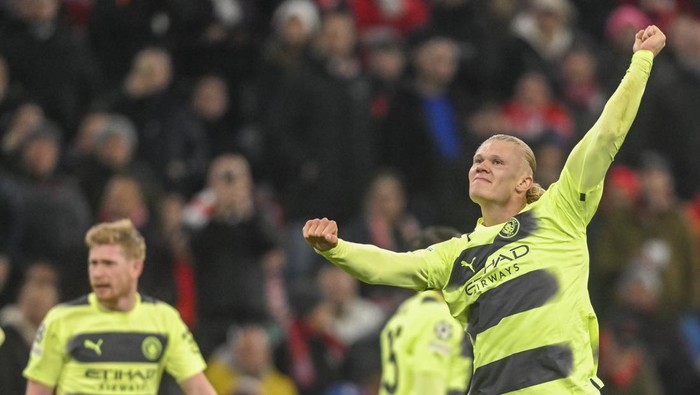 Manchester Citys Erling Haaland celebrates after scoring his sides opening goal during the Champions League quarter finals second leg soccer match between Bayern Munich and Manchester City, at the Allianz Arena stadium in Munich, Germany, Wednesday, April 19, 2023. (AP Photo/Andreas Schaad)