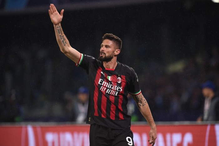 Olivier Giroud of AC Milan during the UEFA Champions League match between SSC Napoli and AC Milan at Stadio Diego Armando Maradona Naples Italy on 18 April 2023. (Photo by Franco Romano/NurPhoto via Getty Images)