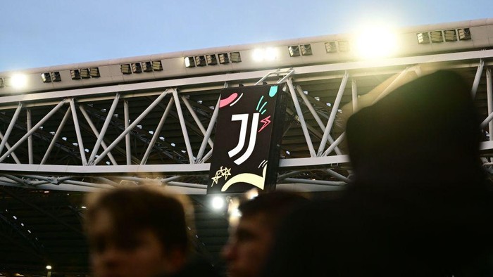 A view shows the Juventus logo and fans prior to the UEFA Europa League quarter-finals first leg football match between Juventus and Sporting CP, on April 13, 2023 at the Juventus stadium in Turin. (Photo by Marco BERTORELLO / AFP) (Photo by MARCO BERTORELLO/AFP via Getty Images)