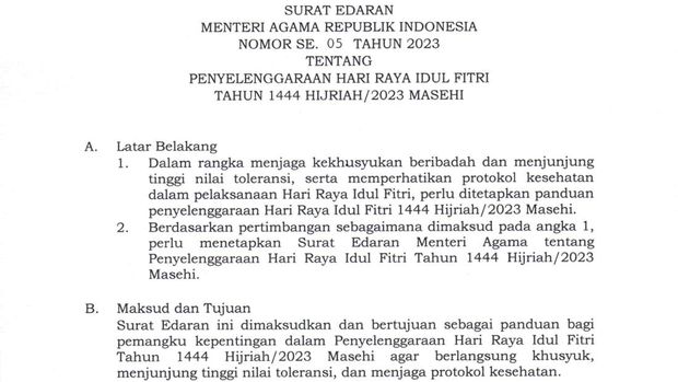 Surat Edaran Menteri Agama RI tentang Penyelenggaraan Hari Raya Idul Fitri 1444 Hijriah Tahun 2023
