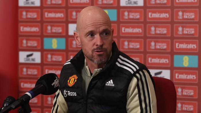 LONDON, ENGLAND - APRIL 21: Manager Erik ten Hag of Manchester United speaks during a press conference ahead of their Emirates FA Cup Semi Final match on April 21, 2023 in London, England. (Photo by Matthew Peters/Manchester United via Getty Images)