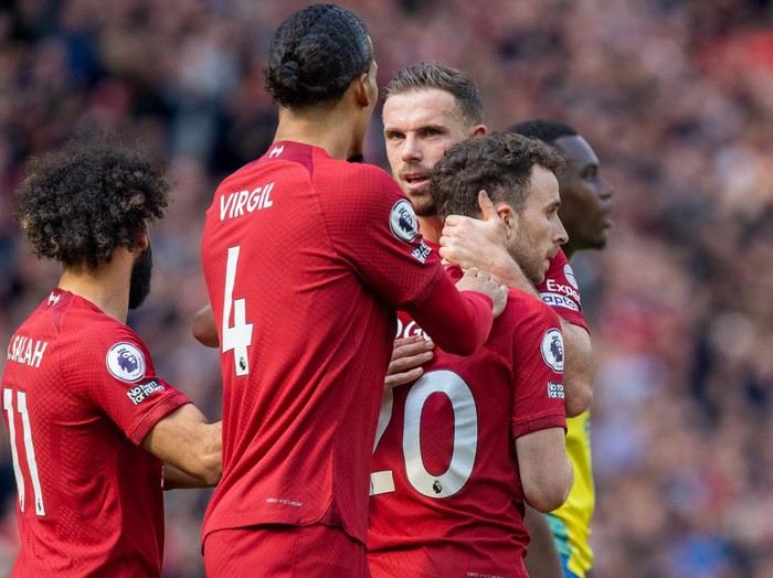 LIVERPOOL, ENGLAND - APRIL 22: Diogo Jota of Liverpool celebrates his goal to make it 2-1 during the Premier League match between Liverpool FC and Nottingham Forest at Anfield on April 22, 2023 in Liverpool, United Kingdom. (Photo by MB Media/Getty Images)