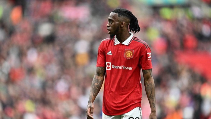 LONDON, ENGLAND - APRIL 23: Aaron Wan-Bissaka of Manchester United during the Emirates FA Cup Semi Final match between Brighton & Hove Albion and Manchester United at Wembley Stadium on April 23, 2023 in London, England. (Photo by Sebastian Frej/MB Media/Getty Images)