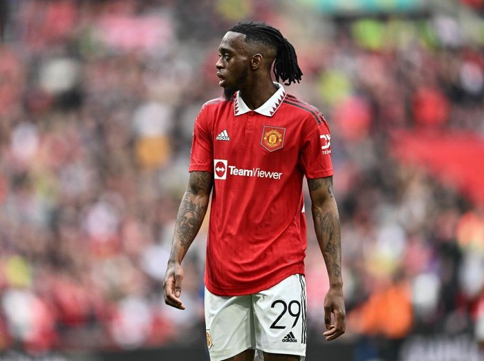 LONDON, ENGLAND - APRIL 23: Aaron Wan-Bissaka of Manchester United during the Emirates FA Cup Semi Final match between Brighton & Hove Albion and Manchester United at Wembley Stadium on April 23, 2023 in London, England. (Photo by Sebastian Frej/MB Media/Getty Images)