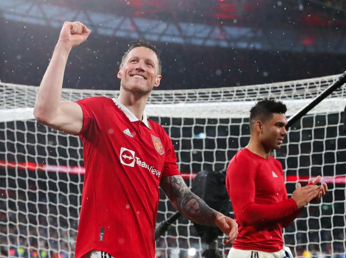 LONDON, ENGLAND - APRIL 23: Wout Weghorst of Manchester United celebrates following the Emirates FA Cup Semi Final between Brighton and Hove Albion and Manchester United at Wembley Stadium on April 23, 2023 in London, England. (Photo by James Gill - Danehouse/Getty Images)