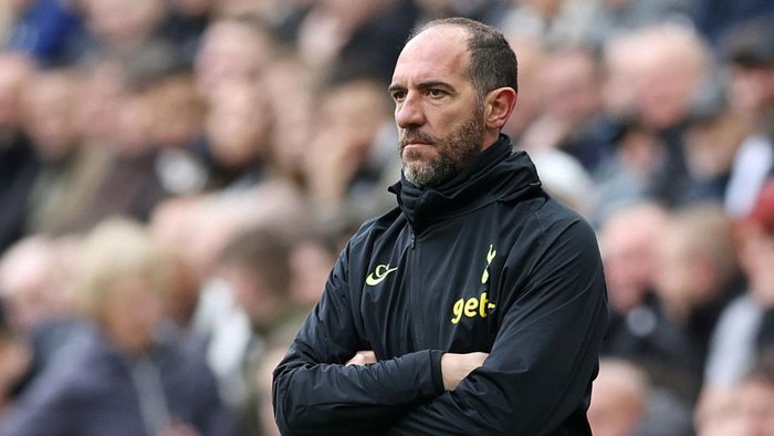 NEWCASTLE UPON TYNE, ENGLAND - APRIL 23: Cristian Stellini, Interim Manager of Tottenham Hotspur, reacts during the Premier League match between Newcastle United and Tottenham Hotspur at St. James Park on April 23, 2023 in Newcastle upon Tyne, England. (Photo by Clive Brunskill/Getty Images)