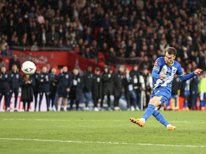 LONDON, ENGLAND - APRIL 23: Solly March of Brighton & Hove Albion misses his penalty during the Emirates FA Cup Semi Final between Brighton & Hove Albion and Manchester United at Wembley Stadium on April 23, 2023 in London, England. (Photo by James Williamson - AMA/Getty Images)