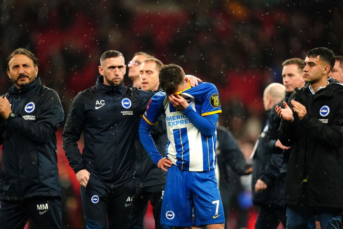 Brighton and Hove Albions Solly March reacts after missing his penalty in the shoot-out during the Emirates FA Cup semi final match at Wembley Stadium, London. Picture date: Sunday April 23, 2023. (Photo by Mike Egerton/PA Images via Getty Images)