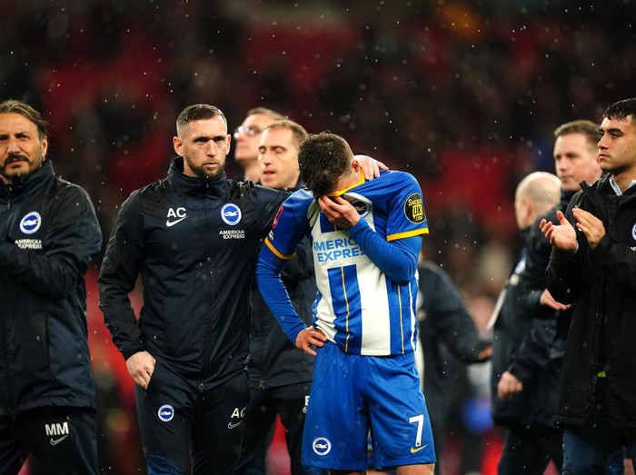 Brighton and Hove Albion's Solly March reacts after missing his penalty in the shoot-out during the Emirates FA Cup semi final match at Wembley Stadium, London. Picture date: Sunday April 23, 2023. (Photo by Mike Egerton/PA Images via Getty Images)