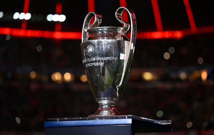 19 April 2023, Bavaria, Munich: Soccer: Champions League, Bayern Munich - Manchester City, knockout round, quarterfinals, second leg at the Allianz Arena. The cup is in the arena before the match. Photo: Sven Hoppe/dpa (Photo by Sven Hoppe/picture alliance via Getty Images)