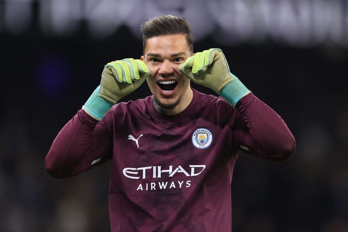 MANCHESTER, ENGLAND - APRIL 26: Manchester City goalkeeper Ederson mocks the Arsenal fans during the Premier League match between Manchester City and Arsenal FC at Etihad Stadium on April 26, 2023 in Manchester, United Kingdom. (Photo by Simon Stacpoole/Offside/Offside via Getty Images)