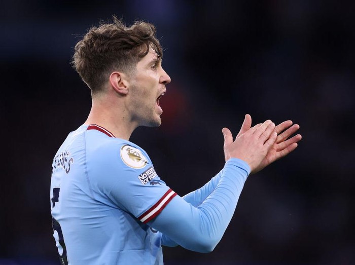 MANCHESTER, ENGLAND - APRIL 26: John Stones of Manchester City during the Premier League match between Manchester City and Arsenal FC at Etihad Stadium on April 26, 2023 in Manchester, England. (Photo by Alex Livesey - Danehouse/Getty Images)
