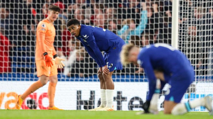 LONDON, ENGLAND - APRIL 26: Wesley Fofana of Chelsea after Bryan Mbeumo of Brentford scores a goal to make it 2-0 during the Premier League match between Chelsea FC and Brentford FC at Stamford Bridge on April 26, 2023 in London, England. (Photo by Robin Jones/Getty Images)
