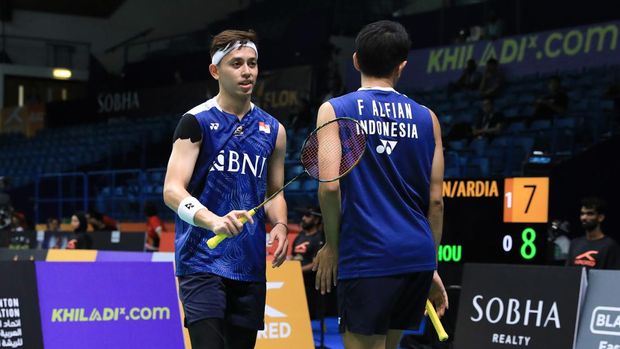 Fajar Alfian/Muhammad Rian Ardianto beraksi di babak pertama Badminton Asia Championships (BAC) 2023. (Arsip PBSI)
