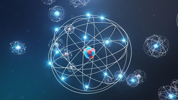 3D Illustration Atomic structure. Atom is the smallest level of matter that forms chemical elements. Glowing energy balls. Nuclear reaction. Concept nanotechnology. Neutrons and protons - nucleus