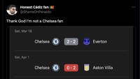 Di balik rentetan hasil ini niscaya ada hati fans Chelsea yang tersakiti. Foto: Internet/Twitter