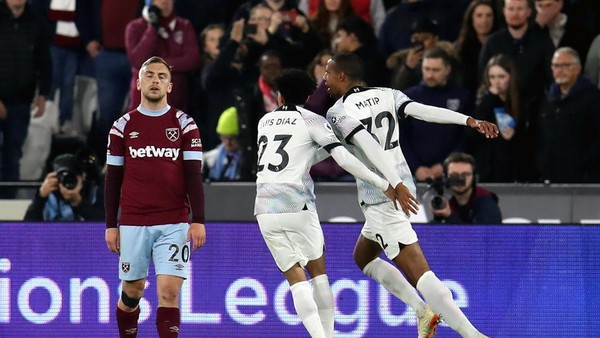 West Ham vs Liverpool Liverpools Joel Matip (right) celebrates scoring their sides second goal of the game during the Premier League match at the London Stadium. Picture date: Wednesday April 26, 2023. (Photo by Simon Marper/PA Images via Getty Images)