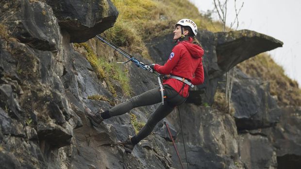 Catherine, Princess of Wales rappels down during a visit to the Central Beacons Mountain Rescue Team in Merthyr Tydfil, Britain April 27, 2023. REUTERS/Phil Noble