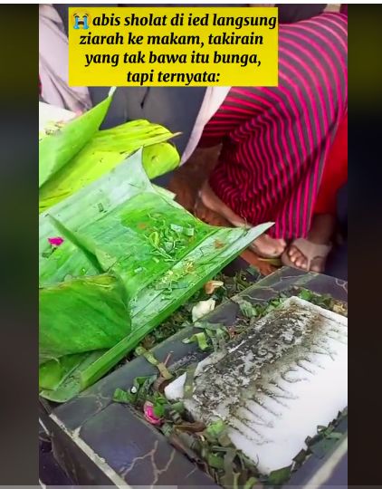 Netizen salah membawa Tape Ketan yang dikiranya sebagai bunga untuk ziarah kuburan. Foto: TikTok @_sedangdiusahakan