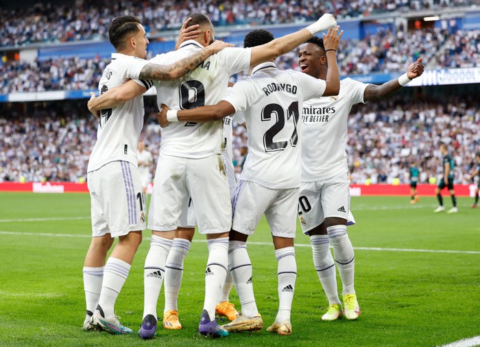 MADRID, SPAIN - APRIL 29: Real Madrid players celebrates after scoring a goal during the LaLiga Santander match between Real Madrid CF and UD Almeria at Estadio Santiago Bernabeu on April 29, 2023 in Madrid, Spain. (Photo by Victor Carretero/Real Madrid via Getty Images)