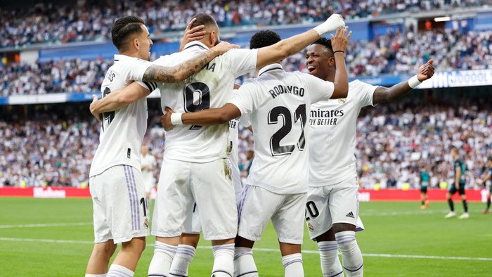 MADRID, SPAIN - APRIL 29: Real Madrid players celebrates after scoring a goal during the LaLiga Santander match between Real Madrid CF and UD Almeria at Estadio Santiago Bernabeu on April 29, 2023 in Madrid, Spain. (Photo by Victor Carretero/Real Madrid via Getty Images)