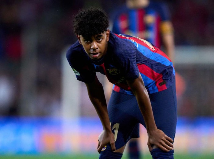 BARCELONA, SPAIN - APRIL 29: Lamine Yamal of FC Barcelona looks on during the LaLiga Santander match between FC Barcelona and Real Betis at Spotify Camp Nou on April 29, 2023 in Barcelona, Spain. (Photo by Alex Caparros/Getty Images)