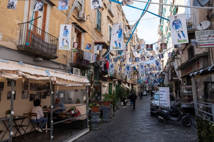 napoli,serie a,liga italia,naples,napoli juara serie a,napoli juara liga italia,napoli scudetto NAPLES, ITALY - APRIL 28: A view of street decorated as a part of the Italian football championship celebrations for the SSC Napoli football team at the historic center in Naples, Italy on April 28, 2023. The city of Naples is preparing with continuous decorations for the Scudetto celebrations of the SSC Napoli football team, which could win the Italian Serie A Championship on Sunday, April 30, 2023. (Photo by Silvia Bazzicalupo/Anadolu Agency via Getty Images)