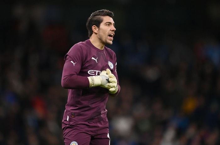 MANCHESTER, ENGLAND - JANUARY 27: Stefan Ortega of Manchester City in action during the Emirates FA Cup Fourth Round match at the Etihad Stadium on January 27, 2023 in Manchester, England. (Photo by Michael Regan/Getty Images)