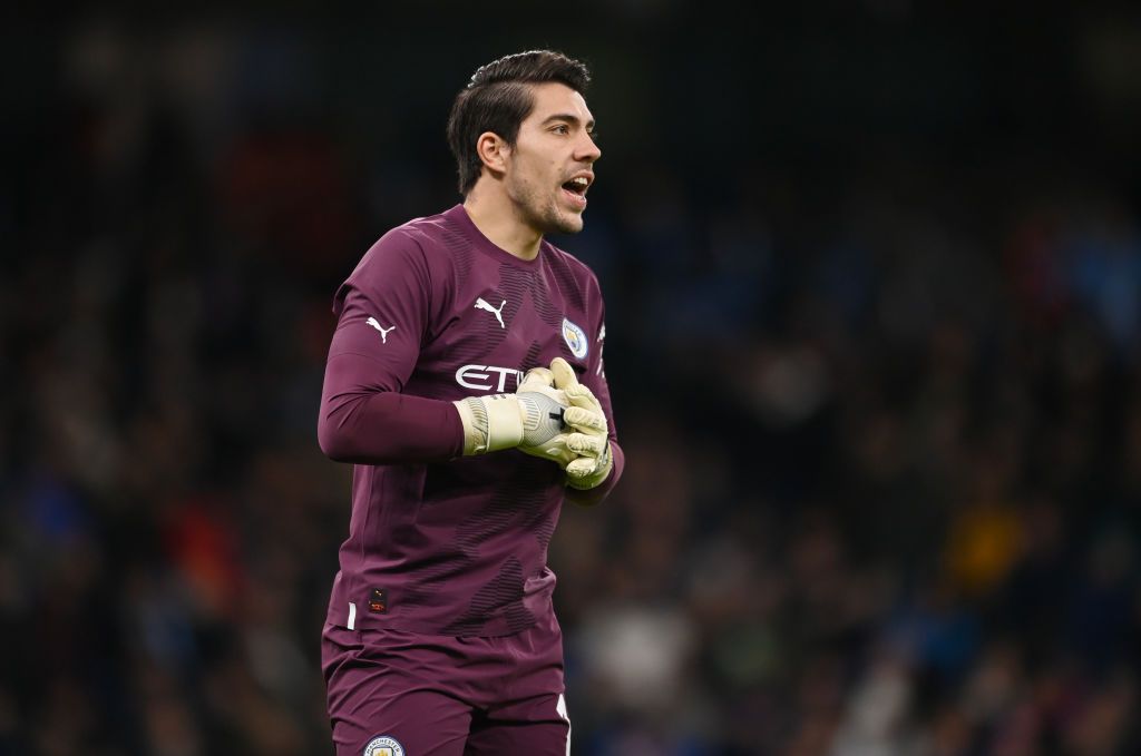 MANCHESTER, ENGLAND - JANUARY 27: Stefan Ortega of Manchester City in action during the Emirates FA Cup Fourth Round match at the Etihad Stadium on January 27, 2023 in Manchester, England. (Photo by Michael Regan/Getty Images)