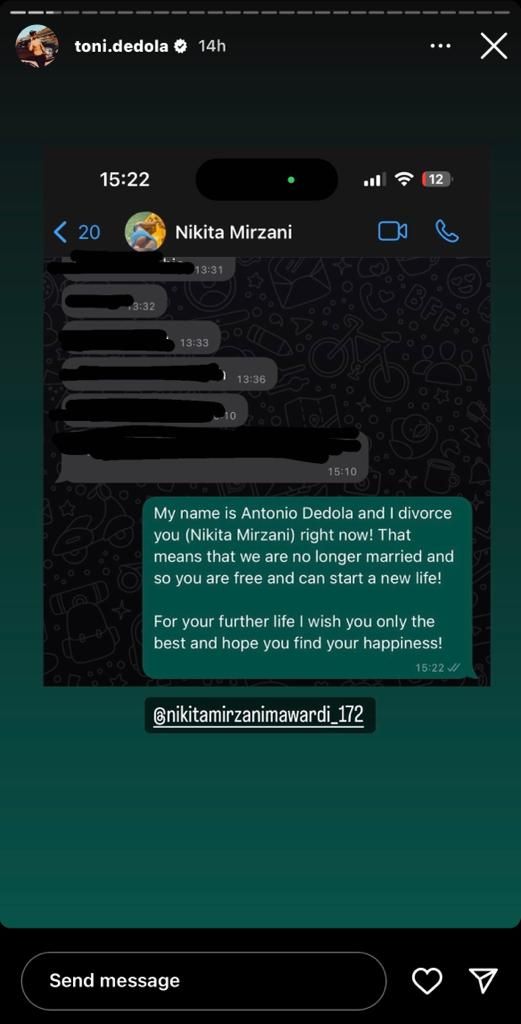 Toni menceraikan Nikita Mirzani lewat WhatsApp