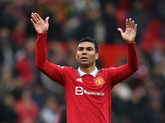 MANCHESTER, ENGLAND - APRIL 30: Casemiro of Manchester United celebrates following the team's victory during the Premier League match between Manchester United and Aston Villa at Old Trafford on April 30, 2023 in Manchester, England. (Photo by Gareth Copley/Getty Images)