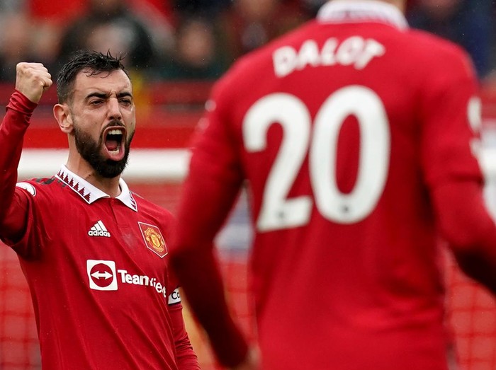 Manchester Uniteds Bruno Fernandes celebrates scoring the opening goal during the Premier League match at Old Trafford, Manchester. Picture date: Sunday April 30, 2023. (Photo by Martin Rickett/PA Images via Getty Images)