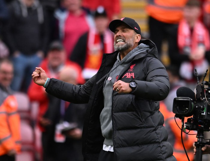 LIVERPOOL, ENGLAND - APRIL 30: ( THE SUN OUT.THE SUN ON SUNDAY OUT ) Jurgen Klopp manager of Liverpool during the Premier League match between Liverpool FC and Tottenham Hotspur at Anfield on April 30, 2023 in Liverpool, England. (Photo by Andrew Powell/Liverpool FC via Getty Images)
