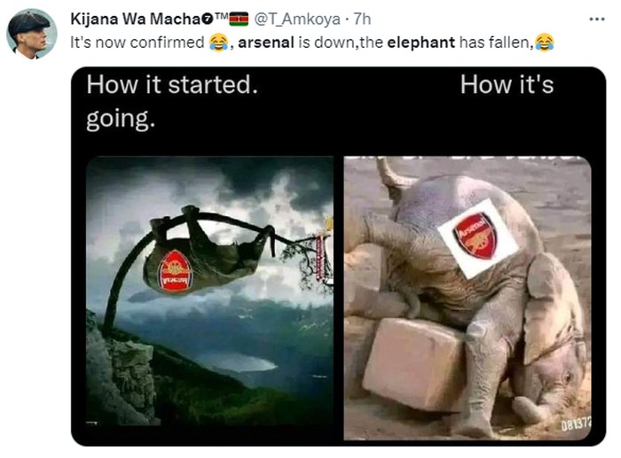 Meme Arsenal Meme kocak Arsenal disama-samakan dengan gajah yang jatuh dari puncak pohon.