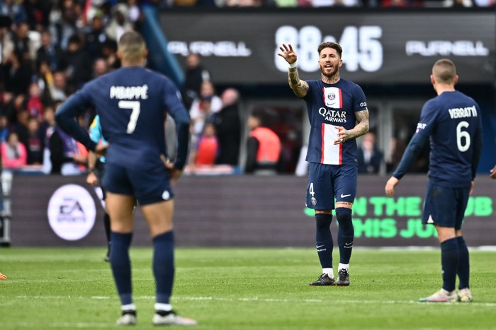 PARIS, FRANCE - APRIL 30: Sergio Ramos of Paris Saint-Germain reacts during the Ligue 1 match between Paris Saint-Germain and FC Lorient at Parc des Princes on April 30, 2023 in Paris, France. (Photo by Sebastian Frej/MB Media/Getty Images)